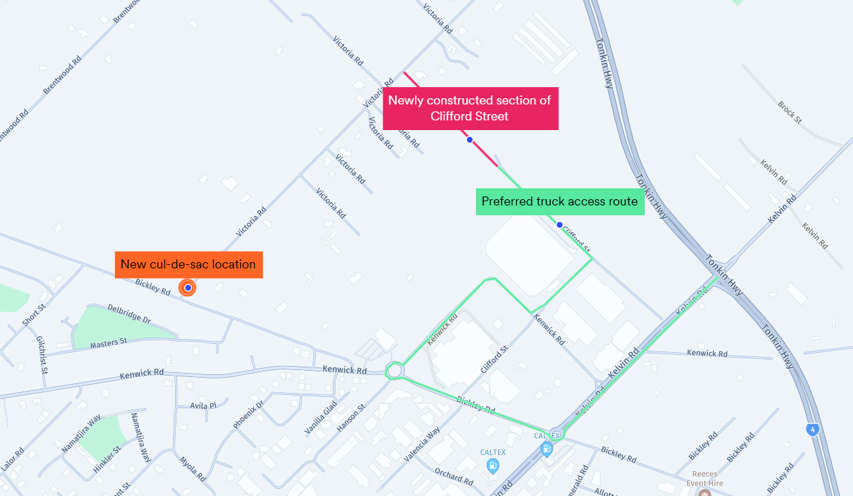 Map showing alternative access to Victoria Road from Kelvin Road