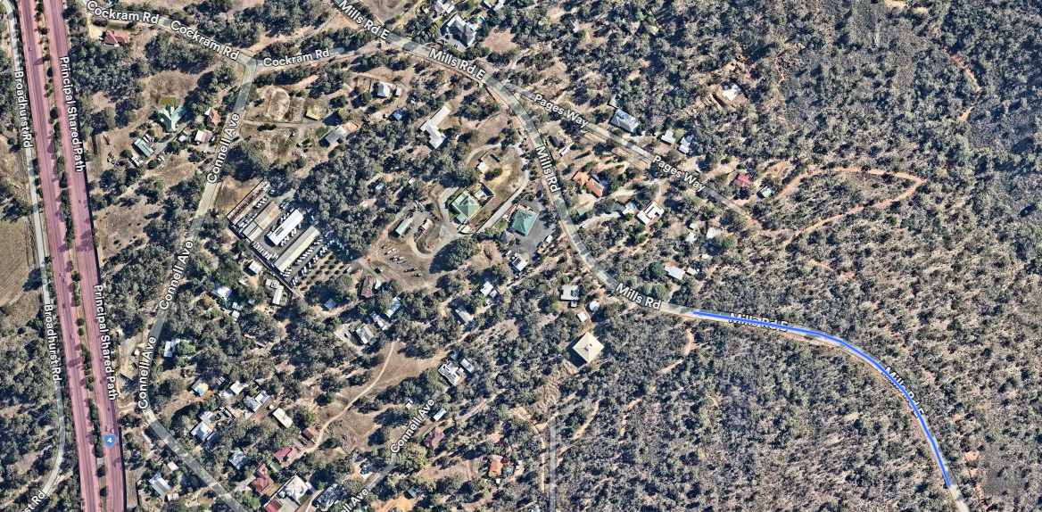 Aerial view of Mills Road East with blue line showing where roadworks will occur