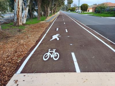 Bike and pedestrian symbols on path